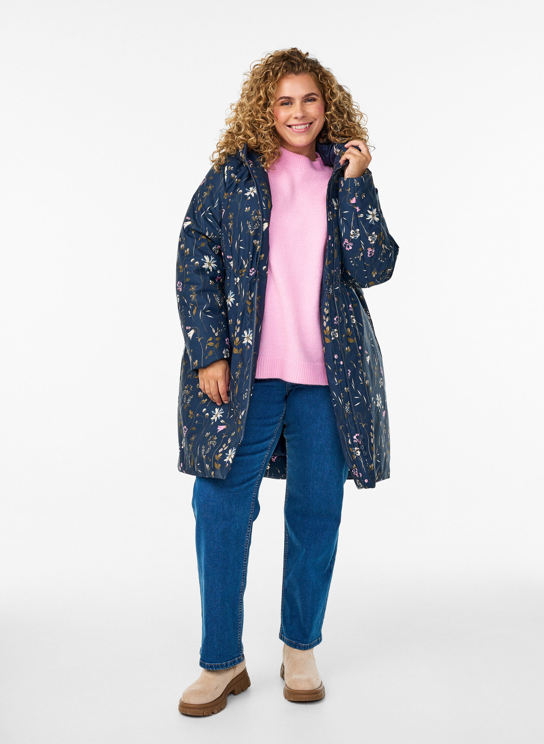 Zizzifashion Padded winter jacket with floral print, Blue, Model image number 1
