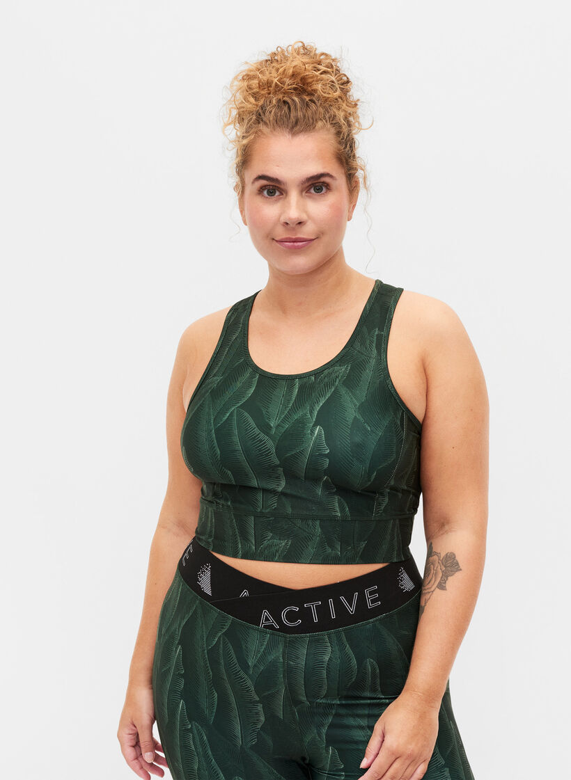 Printed sports bra, Leaf Comb , Model