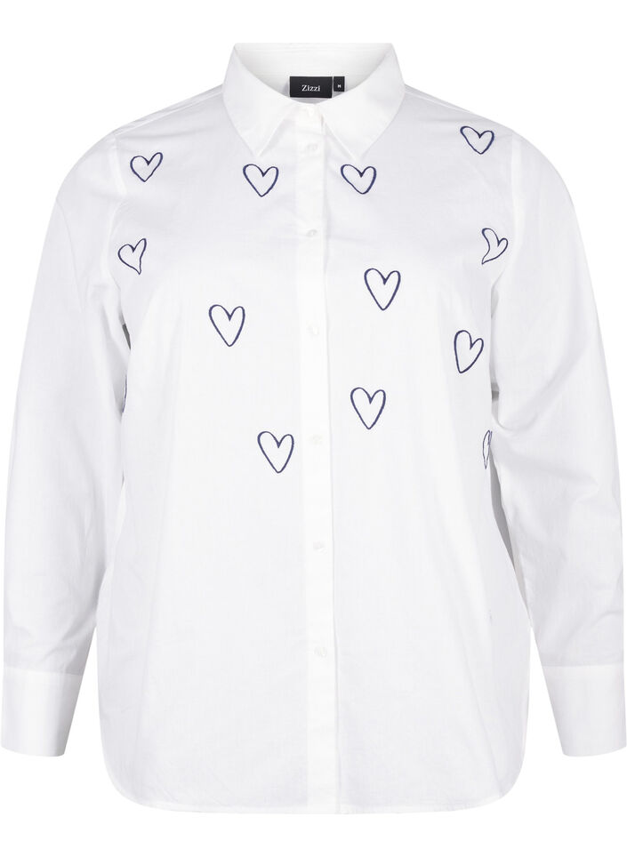 Classic shirt with embroidered hearts, Bright Wh.W. Blue H., Packshot image number 0