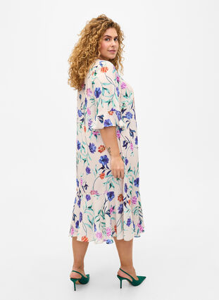 Floral midi dress with 3/4 sleeves, Buttercream Blue Fl., Model image number 1