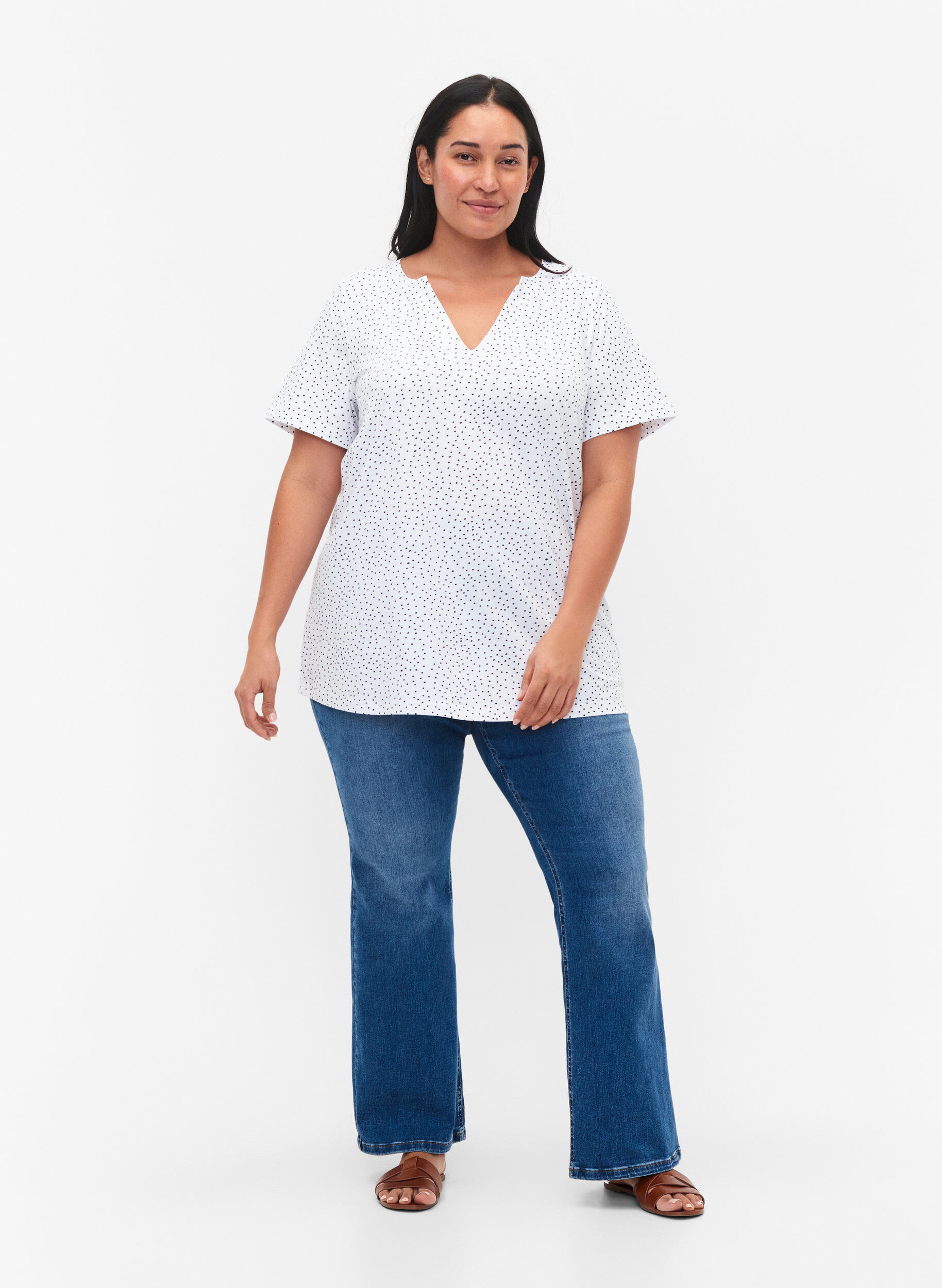 Zizzifashion Cotton t-shirt with dots and v-neck, B.White/Black Dot, Model image number 2