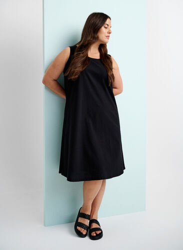 Sleeveless cotton dress with A-line cut, Black, Image image number 0