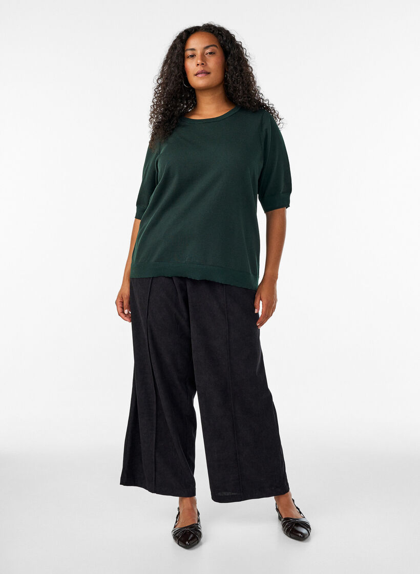 Fine-knit blouse with short sleeves, Green, Model image number 1