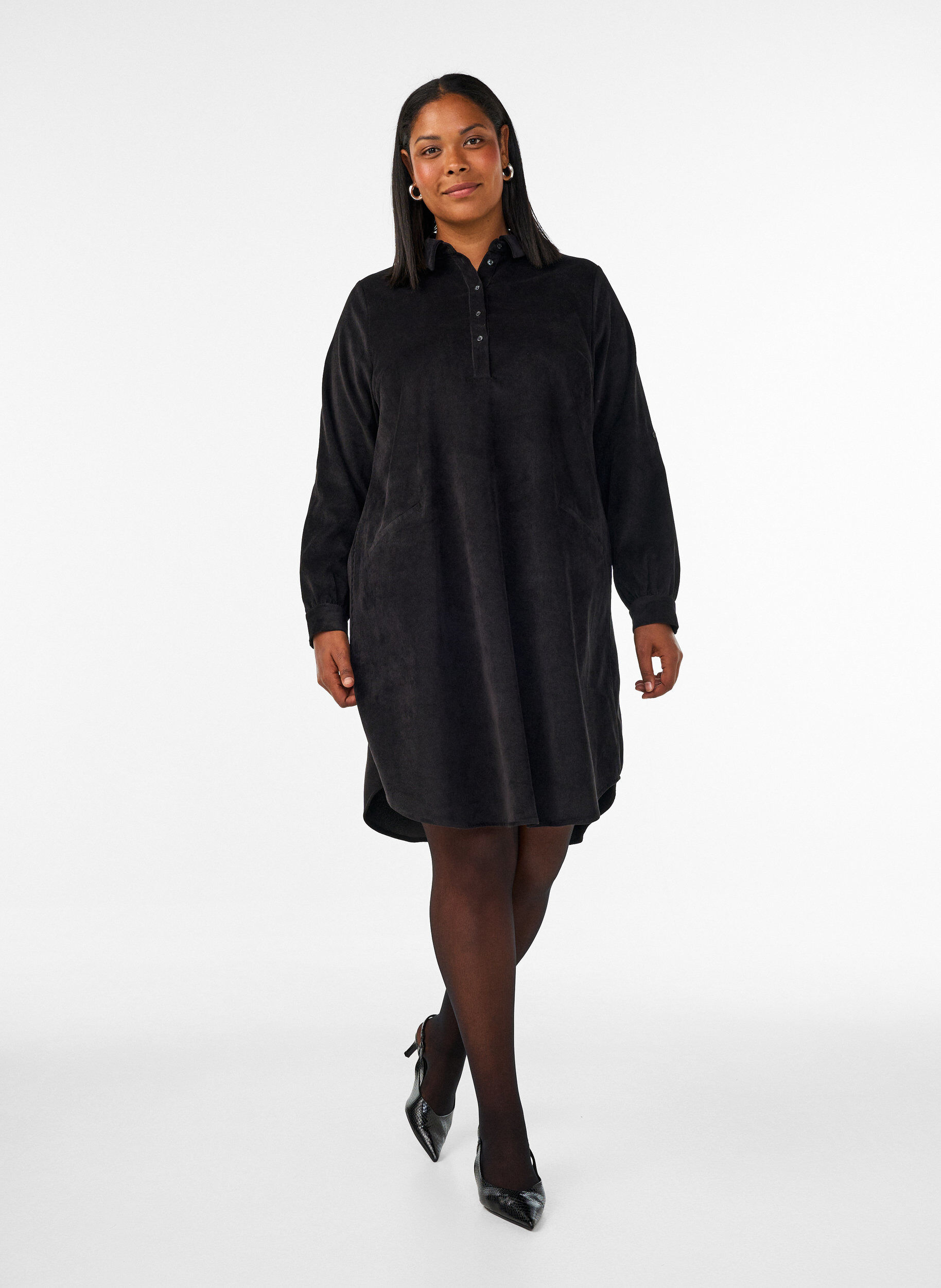 ZizzifashionCorduroy shirt dress with collar and button fastening, Black, Model image number 1