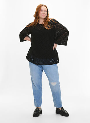 Crochet blouse with 3/4 sleeves, Black, Model image number 2