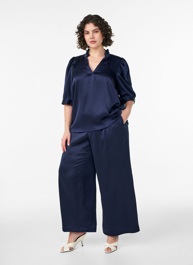 Satin-look trousers with wide, straight legs, Blue, Model image number 0