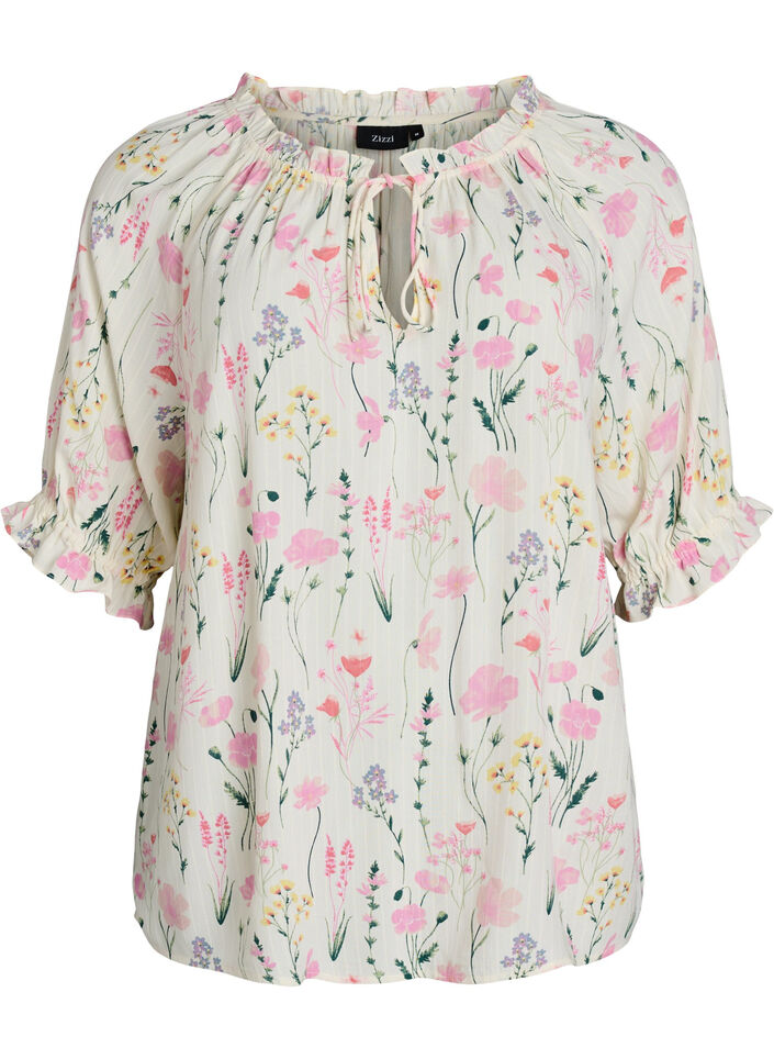 Floral viscose blouse with half-length sleeves, Vanilla, Packshot image number 0