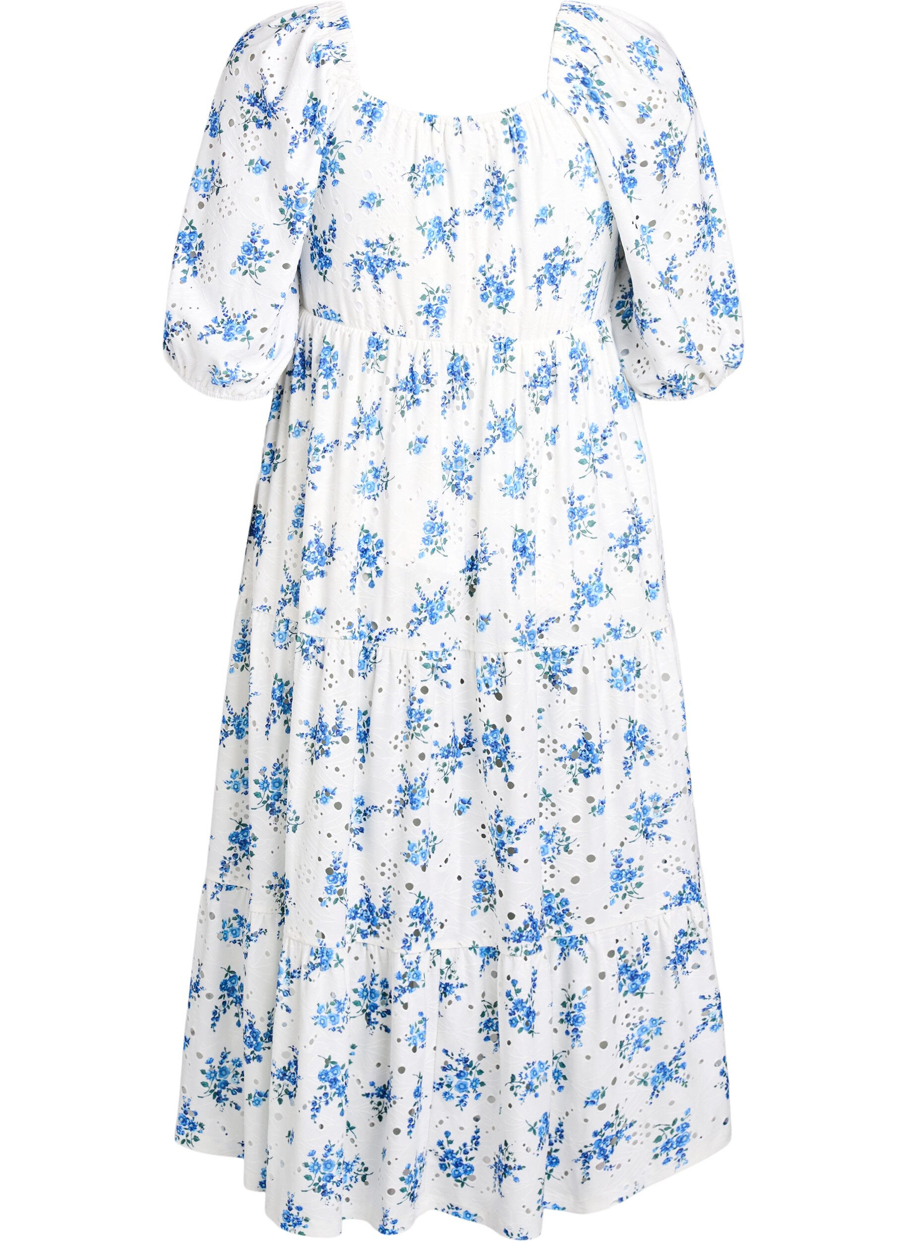 Zizzifashion Ankle-length dress with floral print and eyelet embroidery, White, Packshot image number 1