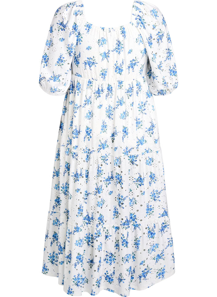 Ankle-length dress with floral print and eyelet embroidery, White, Packshot image number 1