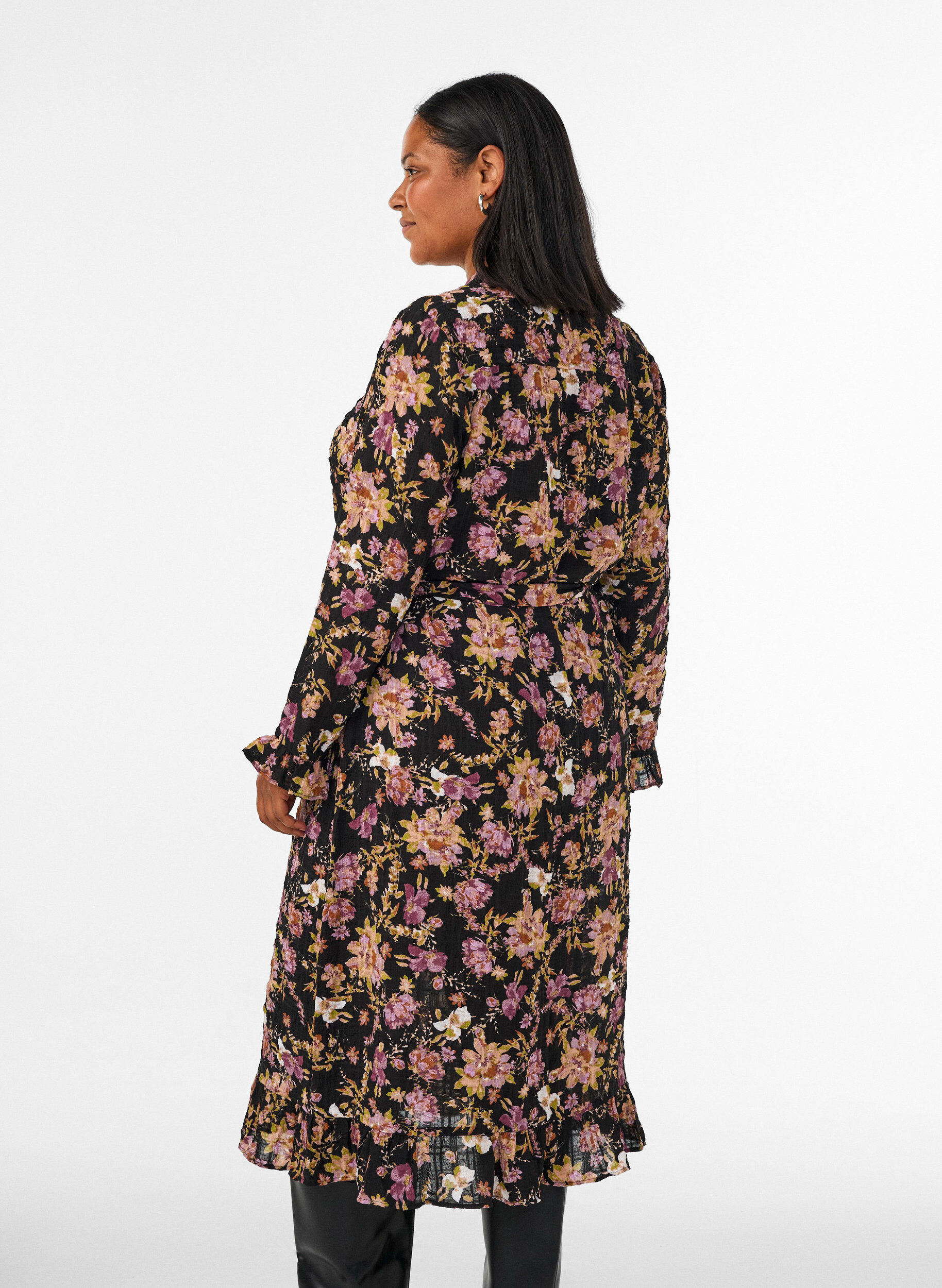 ZizzifashionMidi dress with floral print and detachable tie belt, Black, Model image number 2