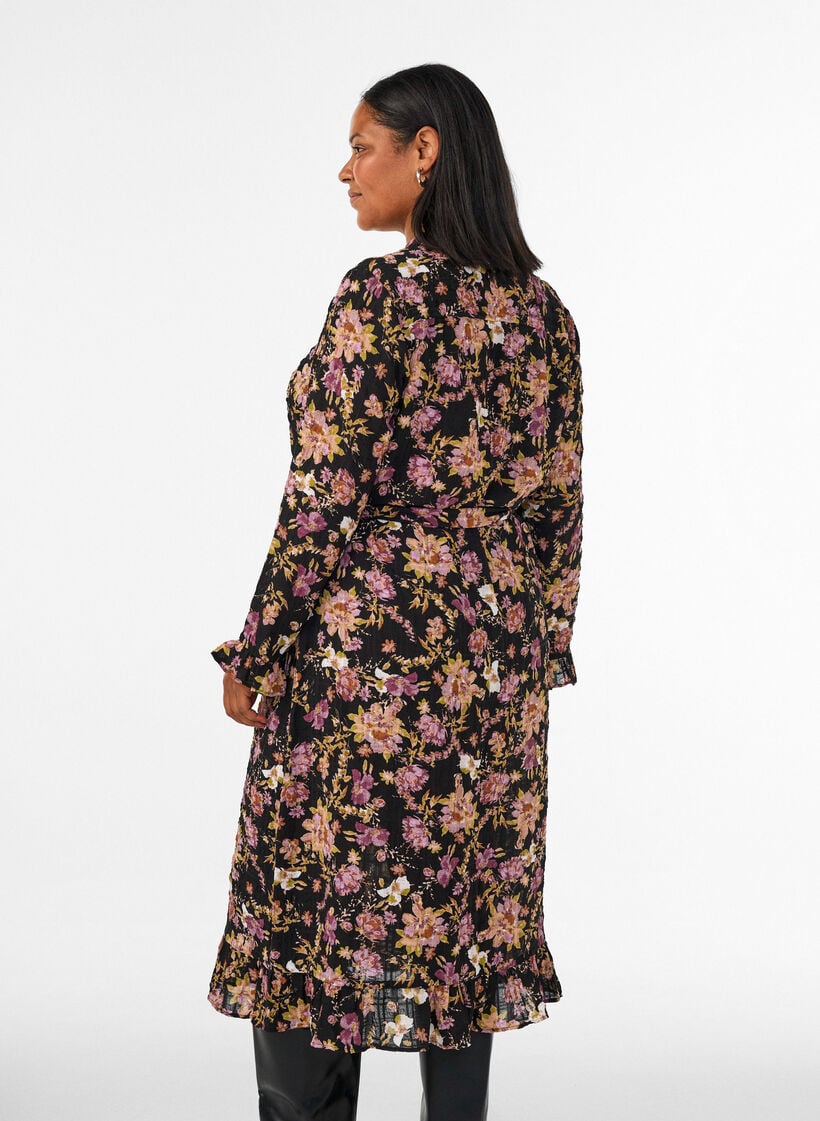 Midi dress with floral print and detachable tie belt, Black, Model image number 2