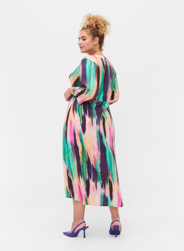 Printed midi dress with 3/4 sleeves, Purple AOP, Model image number 1