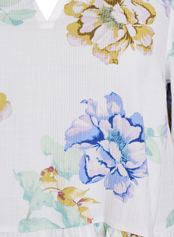 Pleated tunic with long sleeves and floral print, White, Packshot image number 2