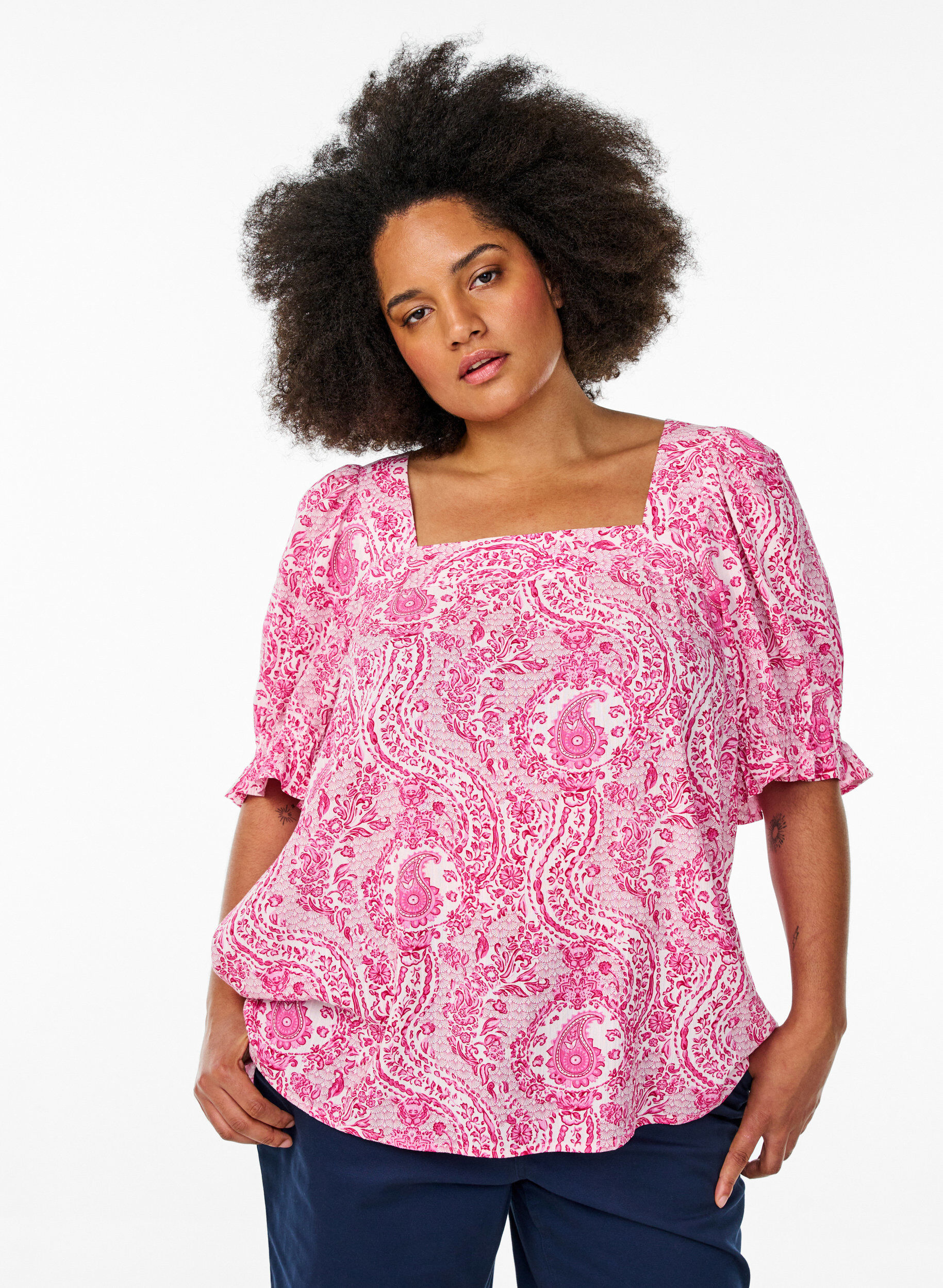 ZizzifashionViscose blouse with paisley print and a square neckline, Pink, Model image number 0