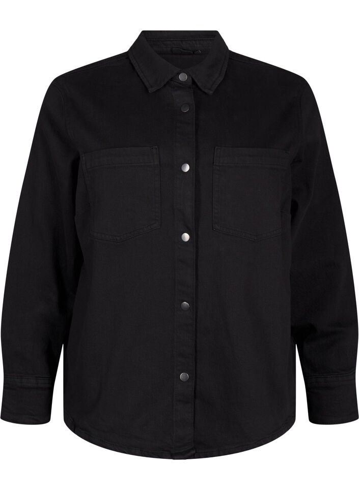 Denim shirt with buttons and chest pockets, Black, Packshot image number 0