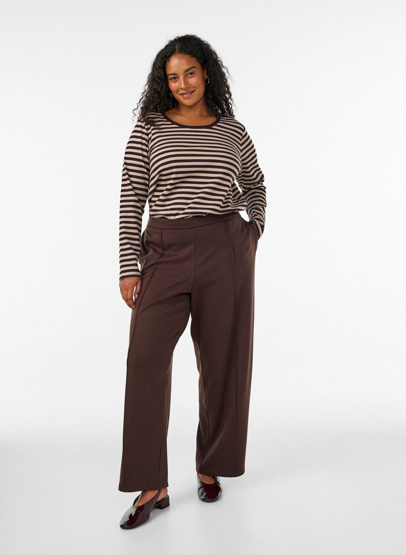 Loose jersey trousers with a high waist, Brown, Model image number 0