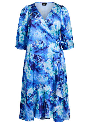 Floral wrap dress with 3/4 sleeves - Blue - Sz. 40-64 - Zizzifashion Floral wrap dress with 3/4 sleeves - Blue - Sz. 40-64 - Zizzifashion