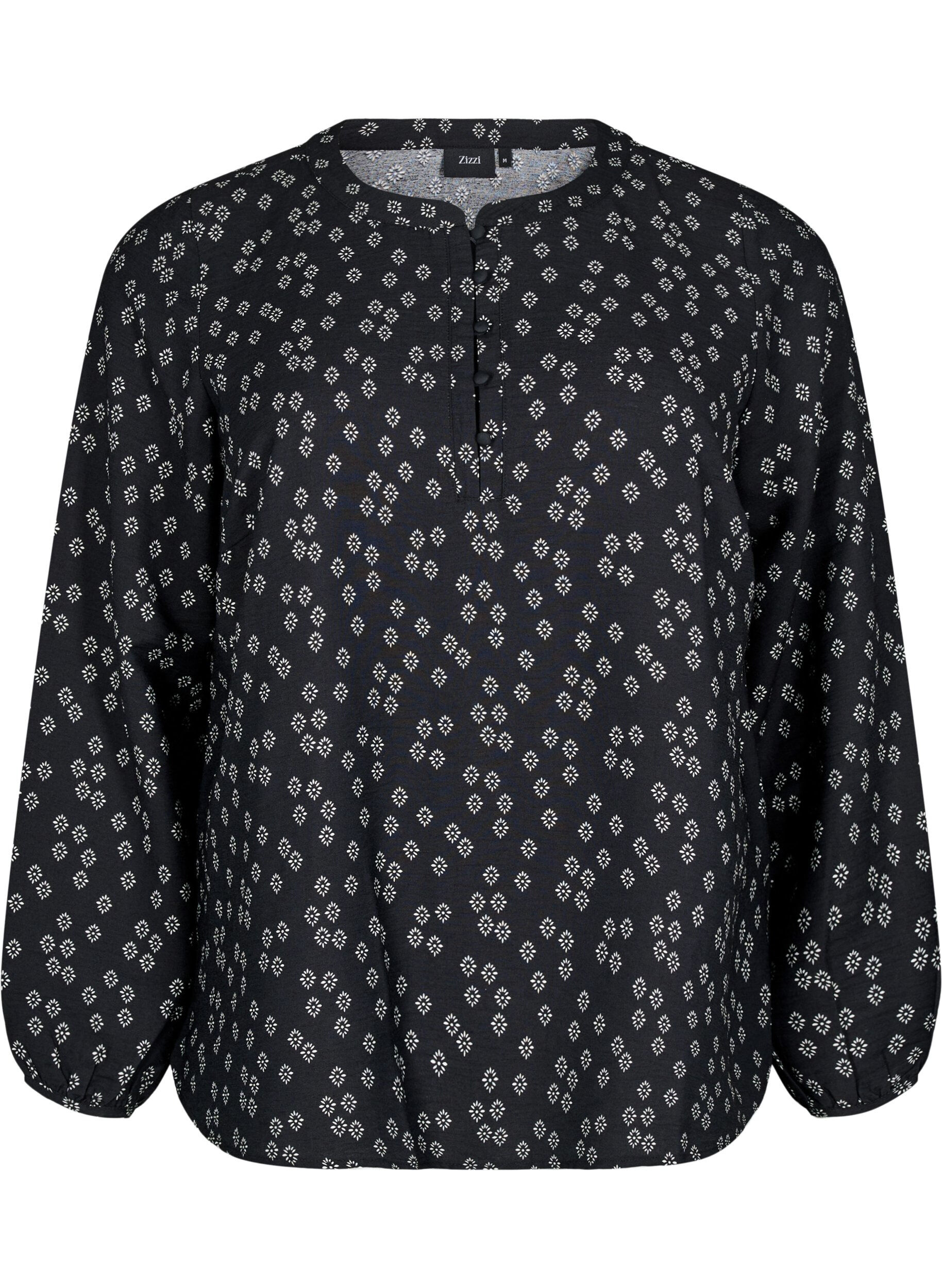 Zizzifashion Long-sleeved blouse with pattern and buttons, Black, Packshot image number 0