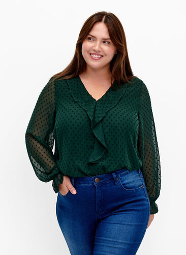 Blouse with ruffles and dotted texture, Scarab, Model image number 0