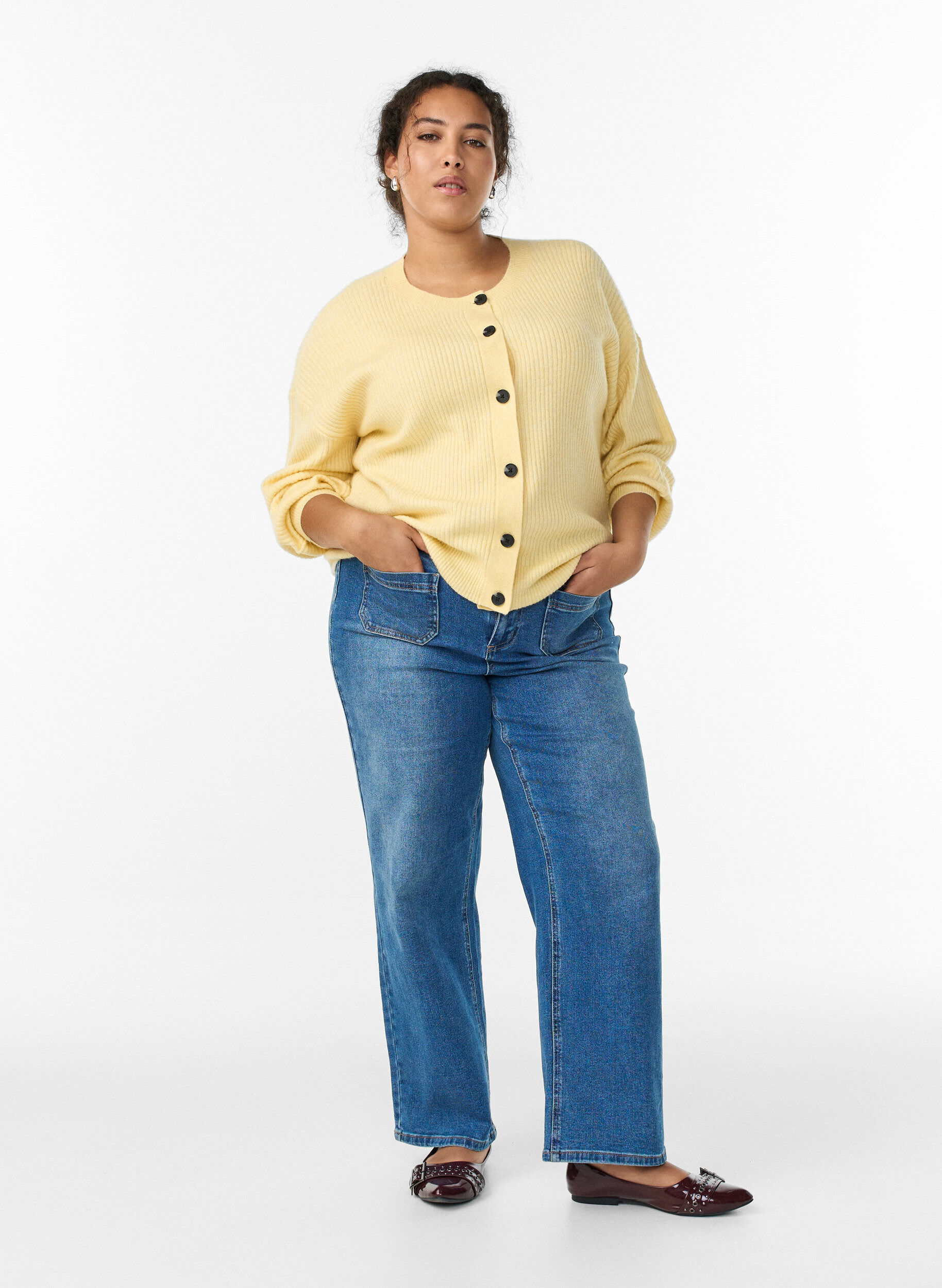 ZizzifashionRibbed cardigan with buttons, Yellow, Model image number 1