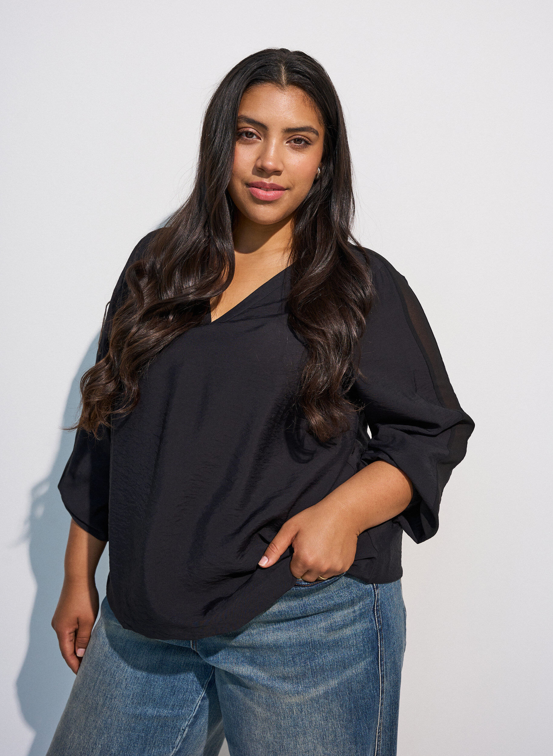 ZizzifashionBlouse with balloon effect and chiffon details, Black, Model image number 0