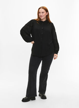 Shirt blouse with crochet details, Black, Model image number 2