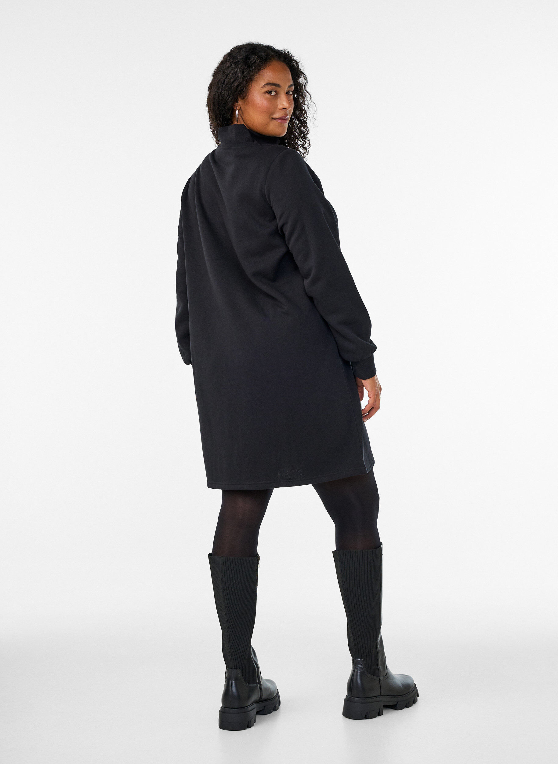 ZizzifashionSweatshirt dress with a high ribbed collar and zip, Black, Model image number 2