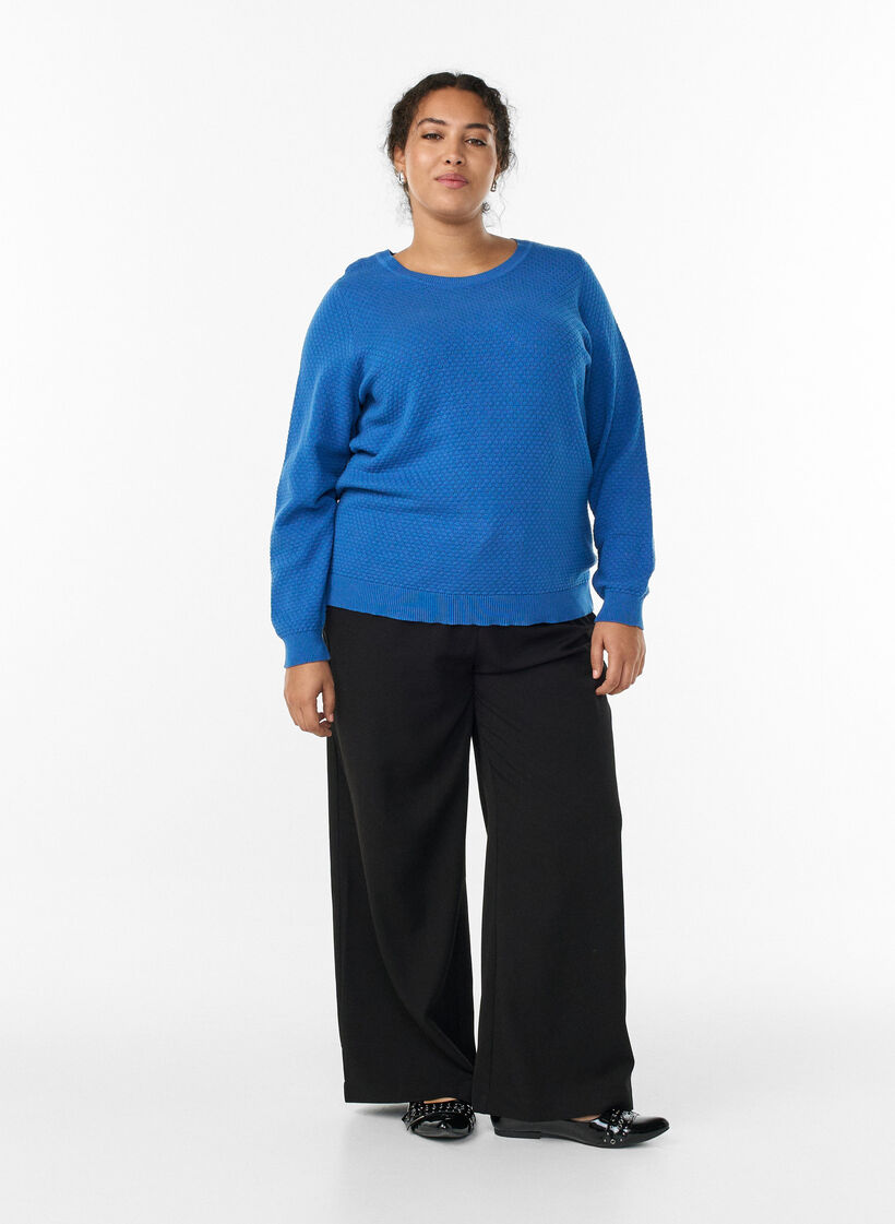 Knit blouse in cotton with textured pattern, Blue, Model image number 1