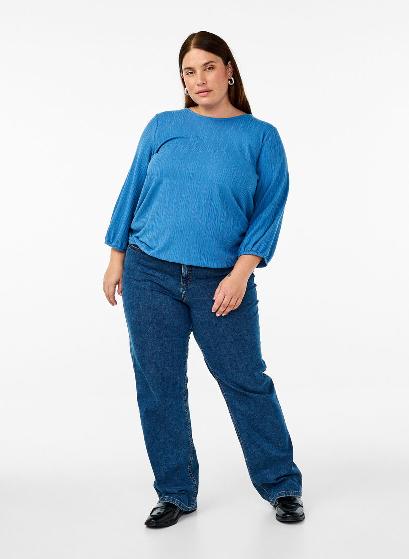 Blouse with texture and 3/4 sleeves, Blue, Model image number 1