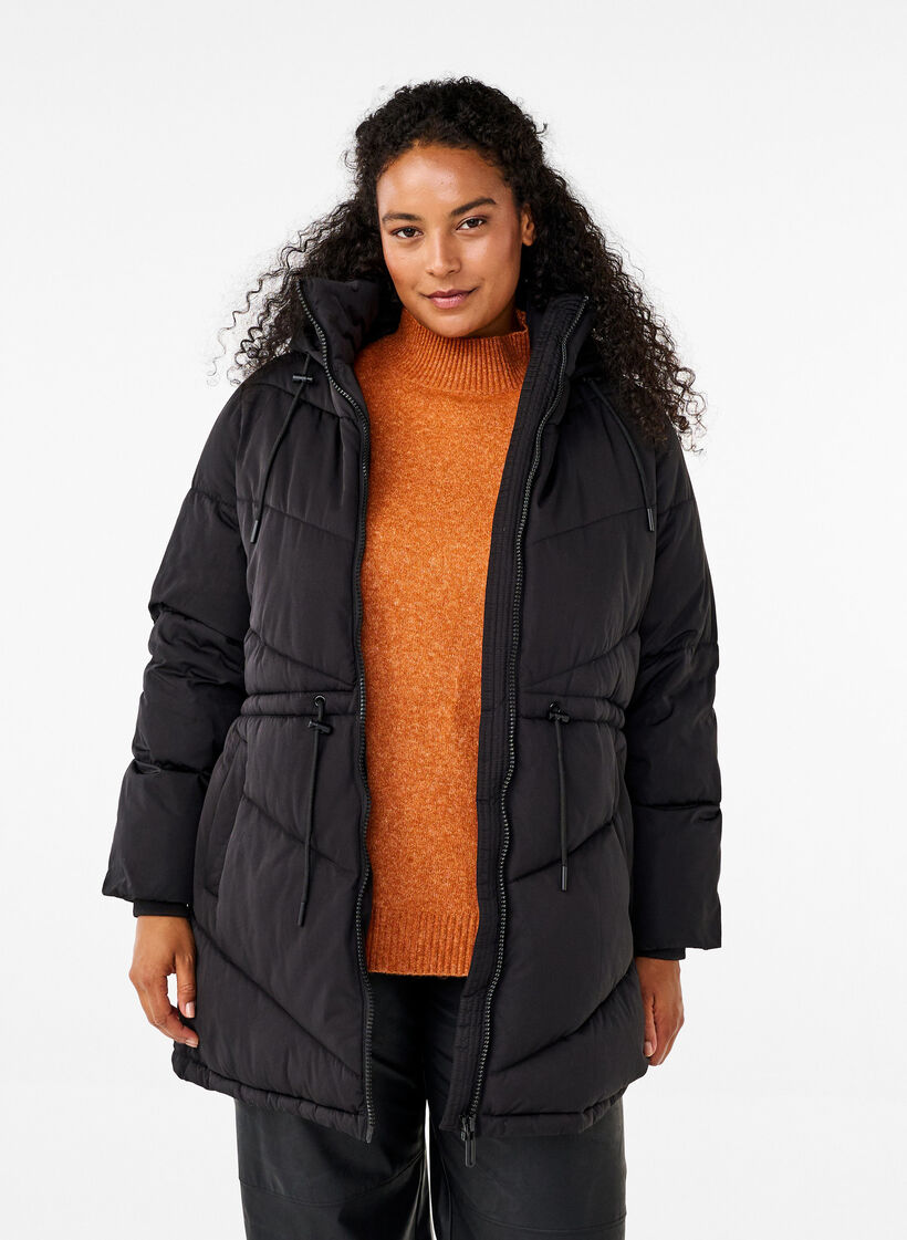 Mid-length puffer jacket with hood, Black, Model image number 0