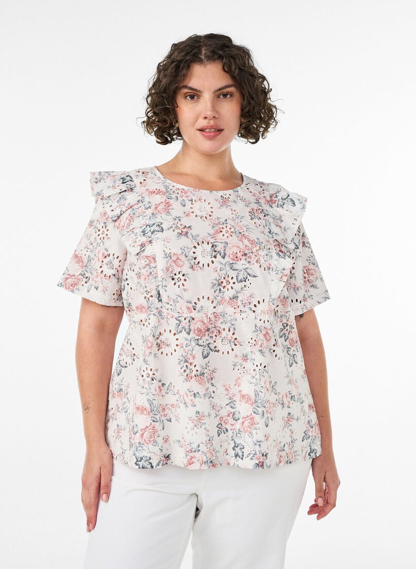 Cotton blouse with broderie anglaise and ruffles, Red, Model image number 0