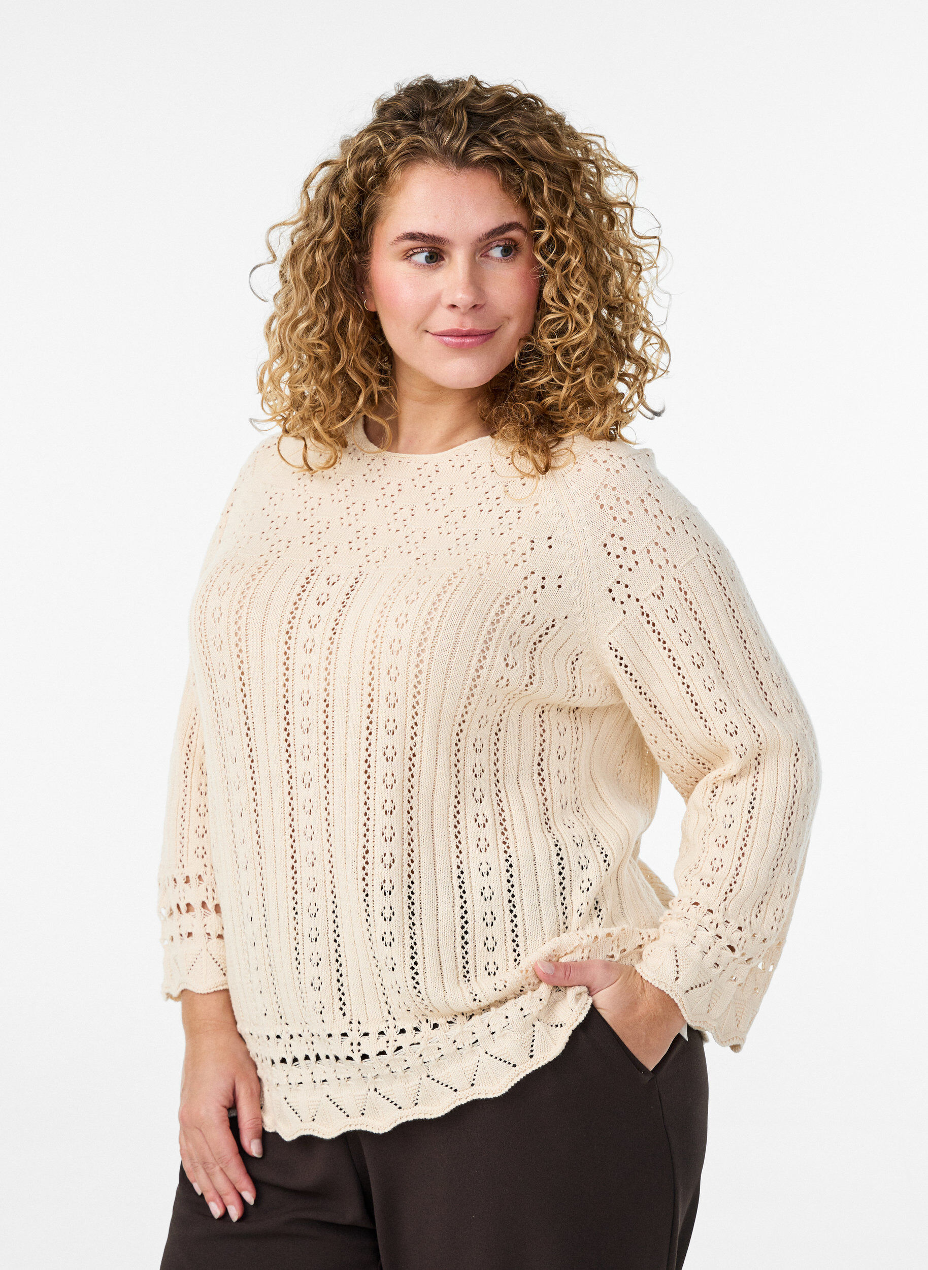 Knitted top with eyelet embroidery and 3/4 sleeves, Beige, Model