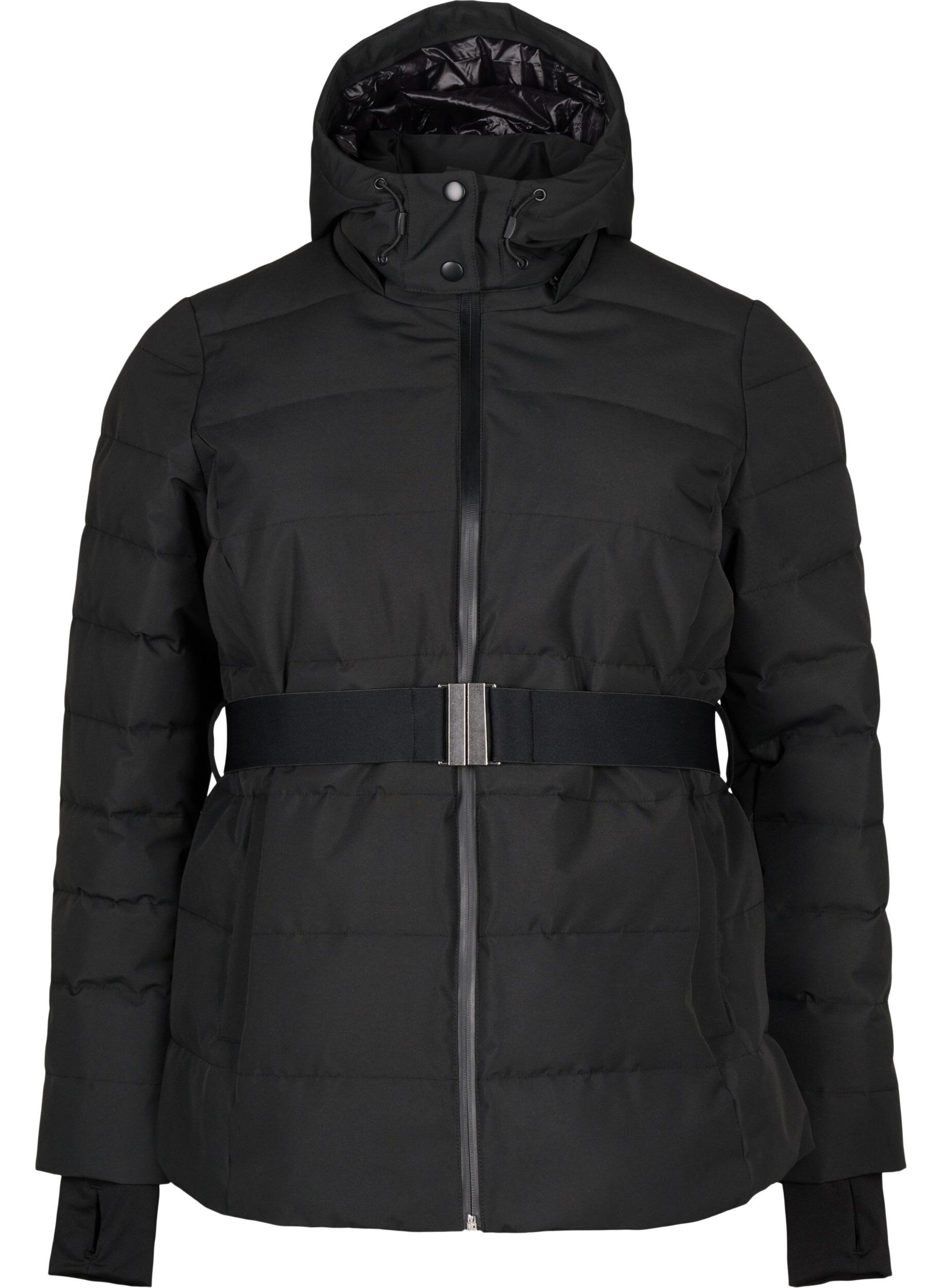 Zizzifashion Water-repellent ski jacket with hood and belt, Black, Packshot image number 0