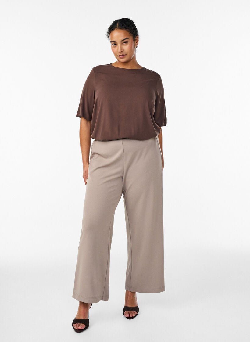 Short-sleeved woven blouse with round neck, Brown, Model image number 1