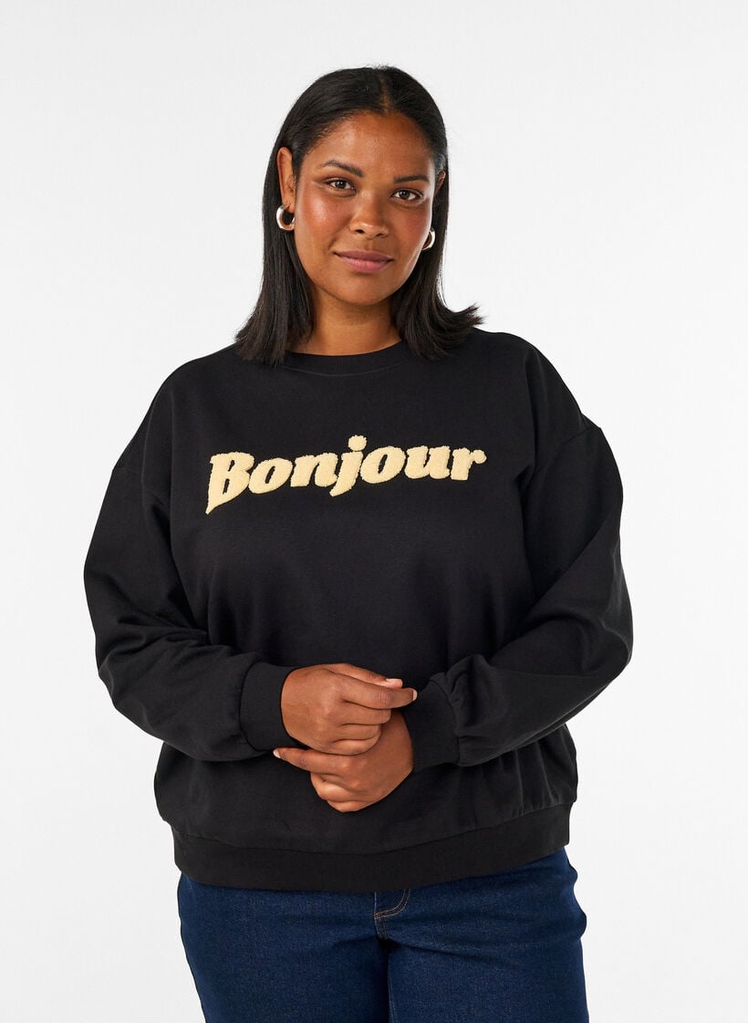 Sweatshirt with boucl&eacute; text motif, Black, Model image number 0