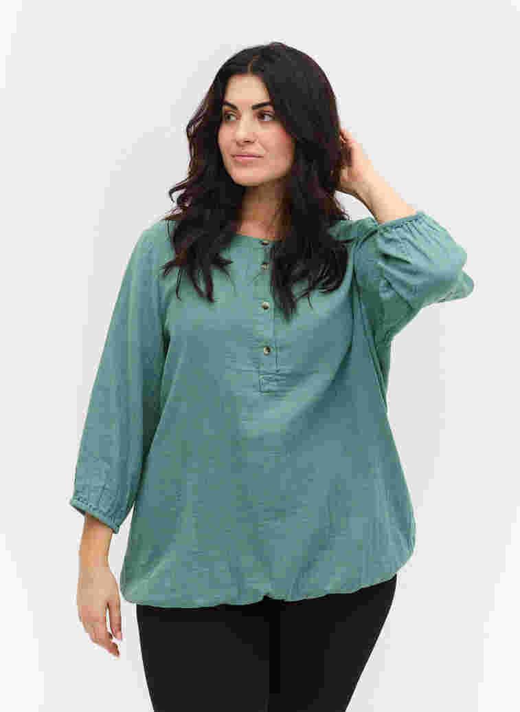 Cotton blouse with buttons and 3/4 sleeves, Sagebrush Green, Model image number 0