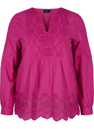 Long-sleeved cotton blouse with embroidery anglaise, Festival Fuchsia, Packshot image number 0