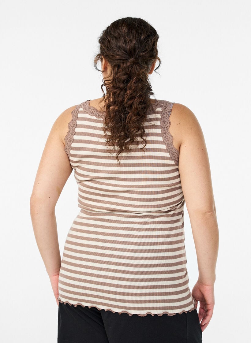 Striped top with a ribbed texture and a lace trim, Beige, Model image number 2