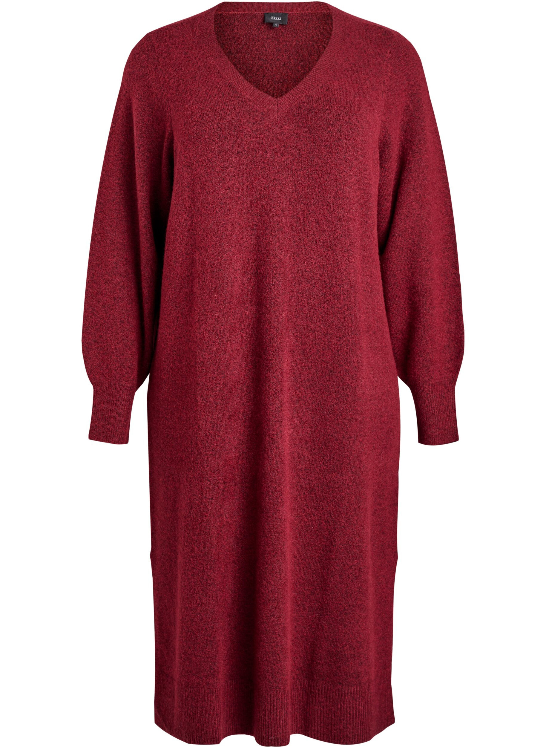 ZizzifashionLong-sleeved knit dress with V-neck, Red, Packshot image number 0