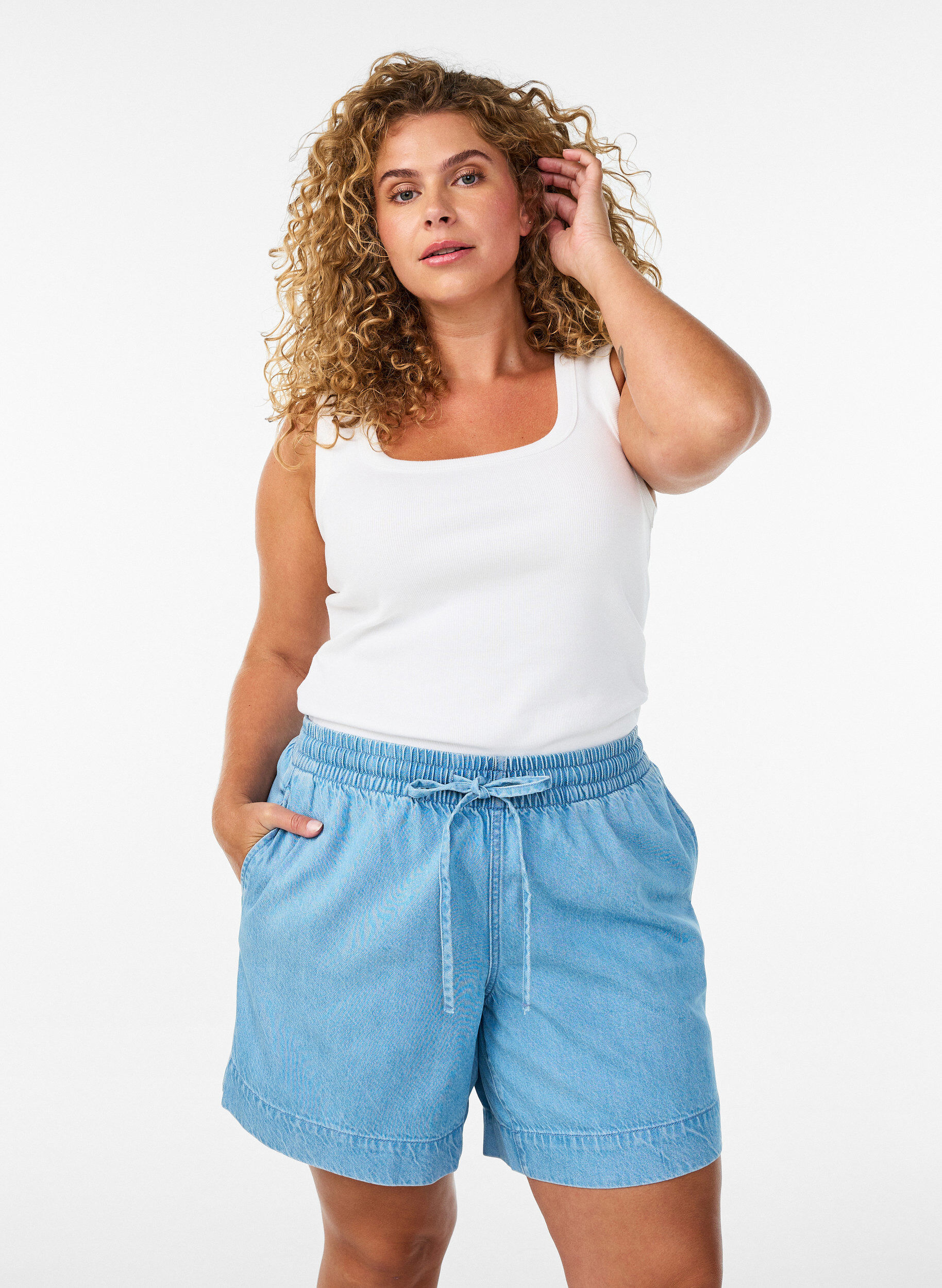 ZizzifashionDenim-look shorts with an elasticated waist and drawstring, Light Blue, Model image number 0