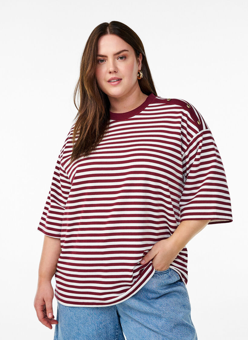 Striped blouse with 3/4 sleeves and button detail, Red, Model image number 0