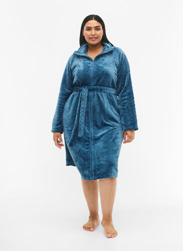 Patterned dressing gown with zipper and pockets, Blue Coral, Model image number 2