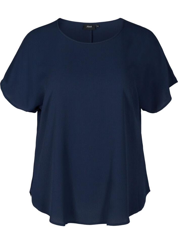 Blouse with short sleeves and a round neckline, Blue, Packshot image number 0