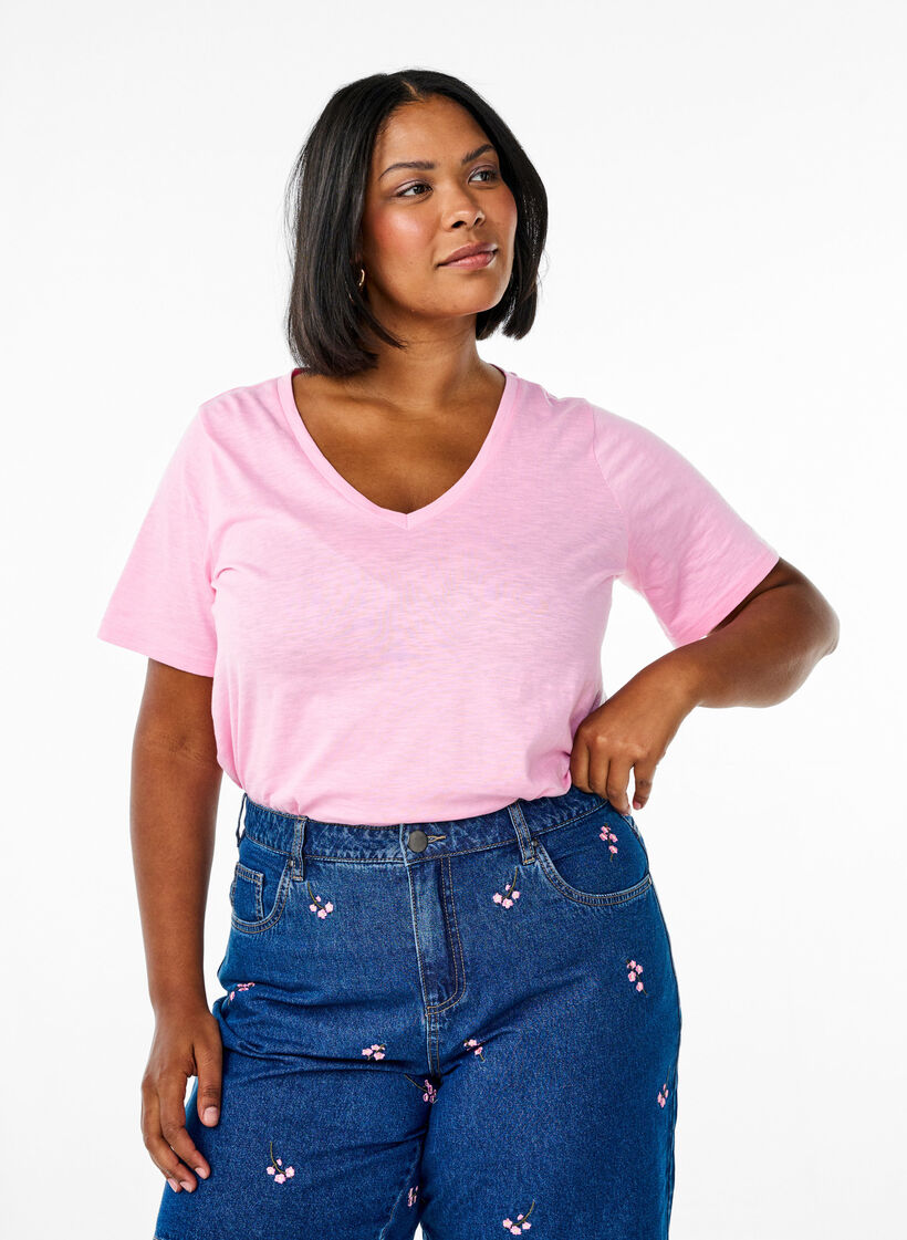 Short sleeve basic t-shirt with v-neck, Pink, Model image number 0