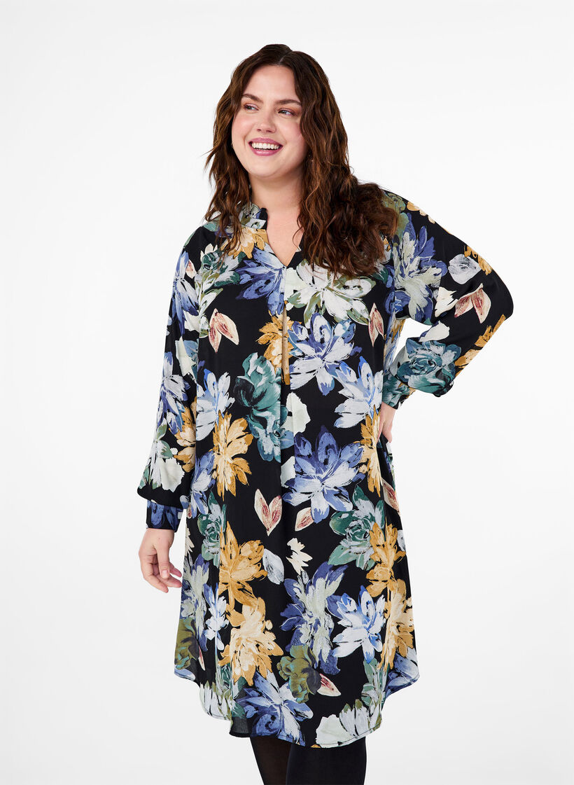 Long-sleeved dress with floral print, Yellow Flower AOP, Model image number 0