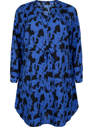 Printed dress with drawstring at the waist, Black Blue AOP, Packshot image number 0