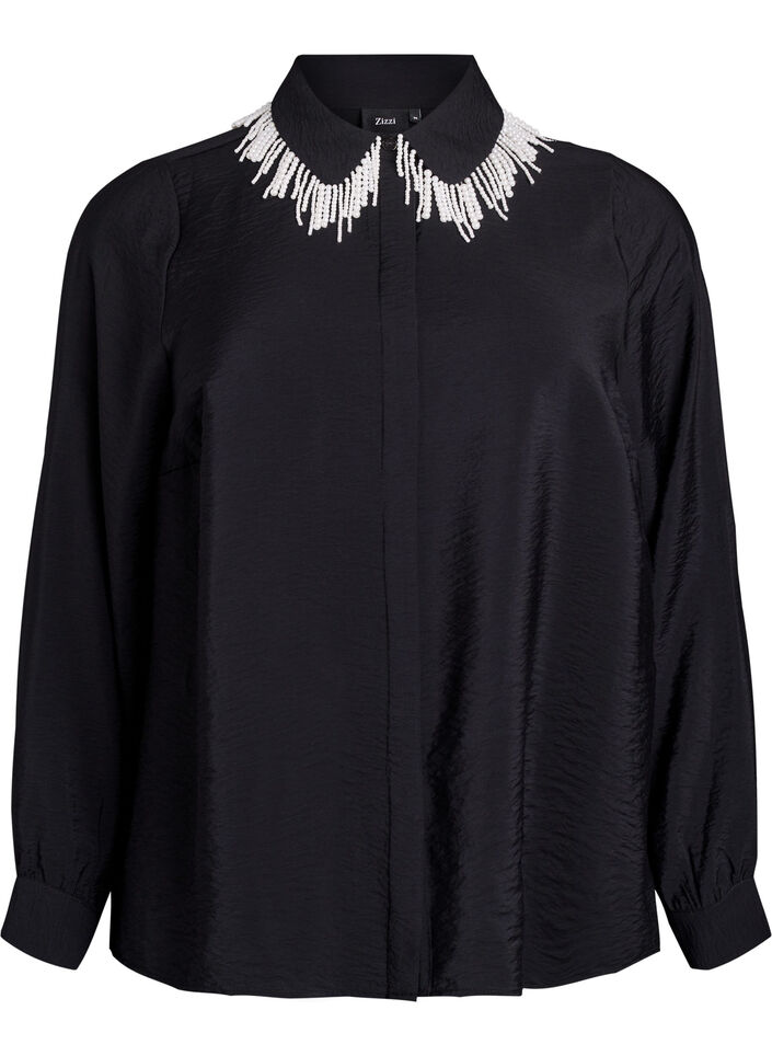 Viscose shirt with pearl fringes on the collar, Black, Packshot image number 0
