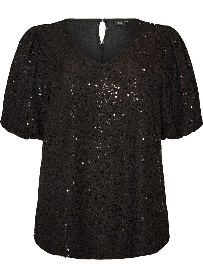 Sequin blouse with balloon sleeves, Black, Packshot image number 0