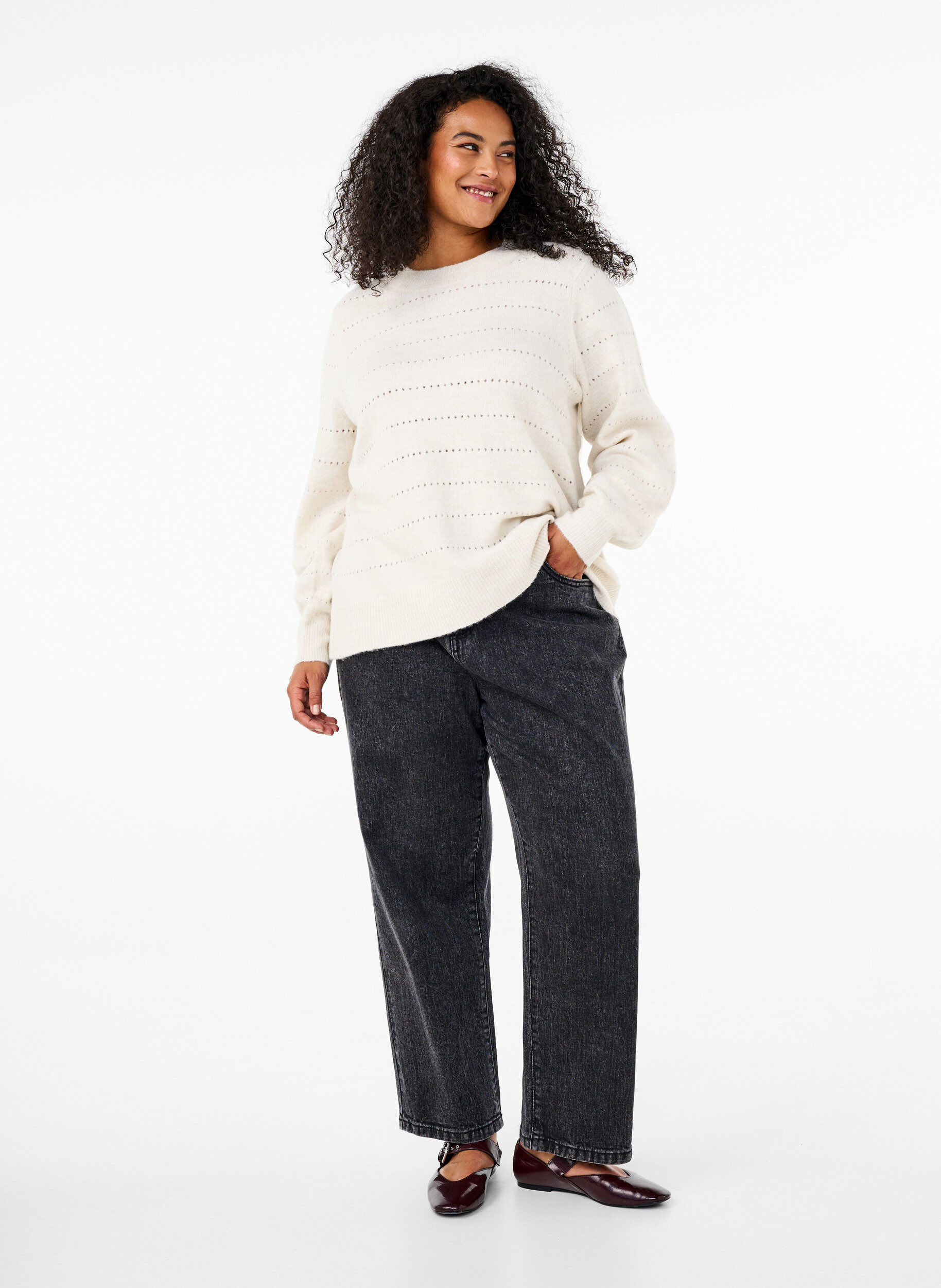 Zizzifashion Knitted blouse with round neck and lace pattern, Birch Mel., Model image number 2