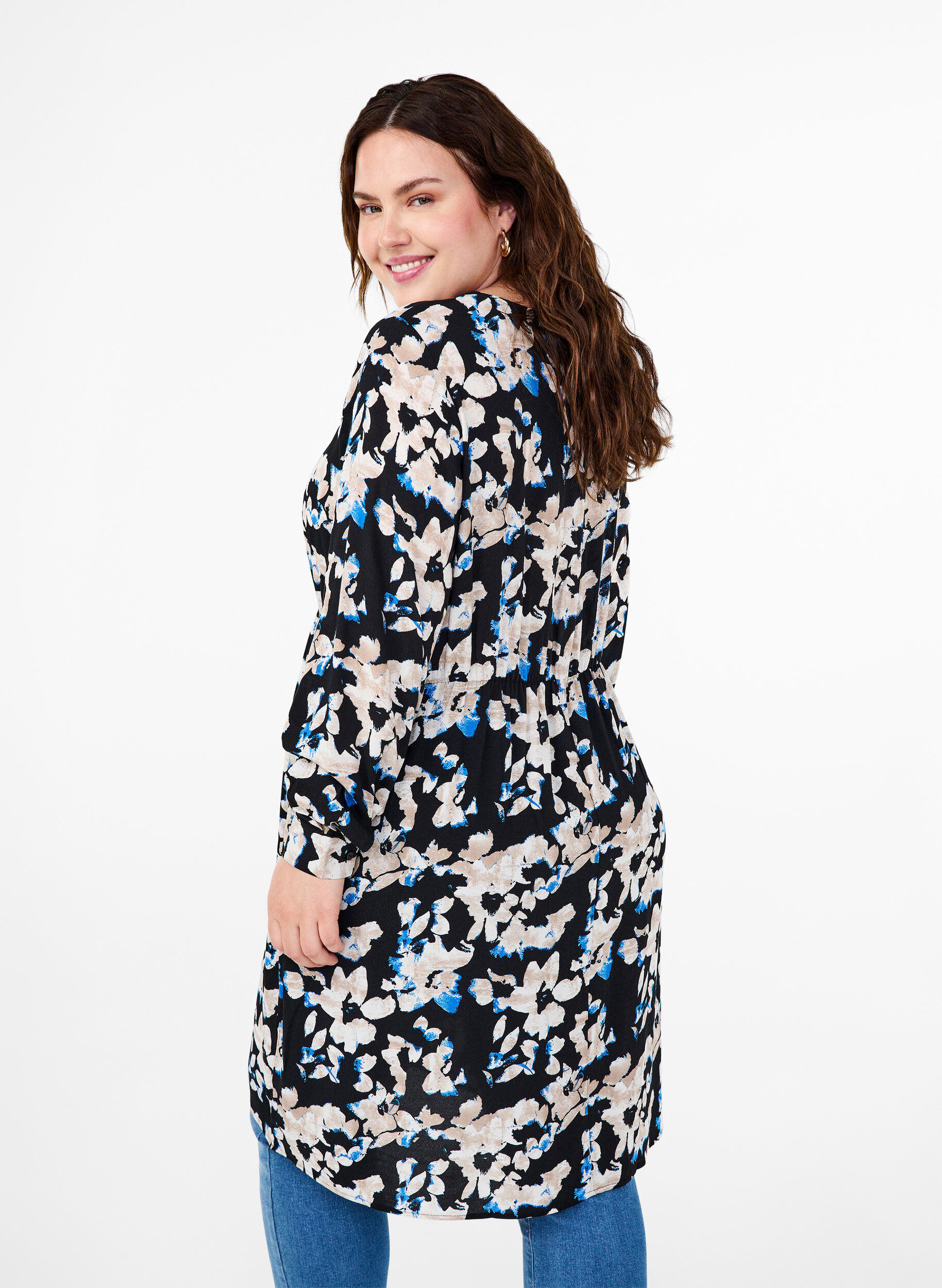 Zizzifashion Viscose dress with print and long sleeves, Black, Model image number 2